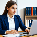A focused professional woman, fully clothed in a modest business blazer and smart top, sitting at a clean desk in a modern, well-lit study room. She is surrounded by books on child psychology and has a laptop open. The atmosphere is quiet and conducive to deep understanding and knowledge acquisition. The image conveys professionalism and dedication to education. perfect anatomy, correct proportions, natural pose, well-formed hands, proper finger count, natural body proportions, safe for work, appropriate content, fully clothed, professional, high quality, realistic photography.