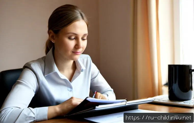 아동상담사 이직 준비 - Photorealistic Russian child counselor preparing for a career transition at a tidy home-office desk,...