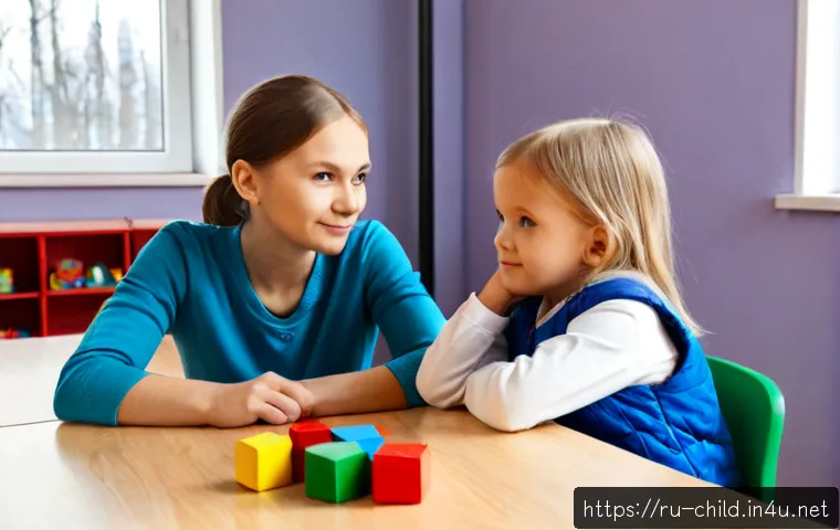 아동상담사 실무의 현실 - Photorealistic child counselor in a warm Russian community support center, seated at a small round t...